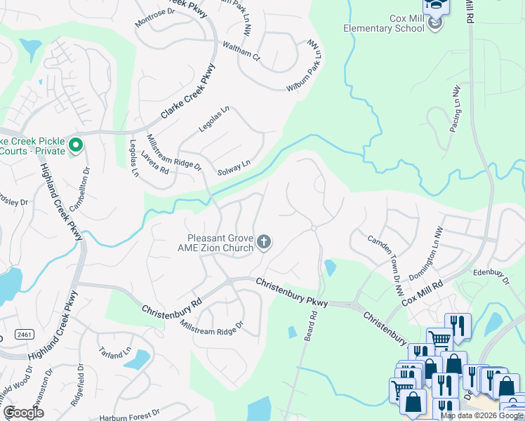map of restaurants, bars, coffee shops, grocery stores, and more near 2219 Elendil Lane in Charlotte