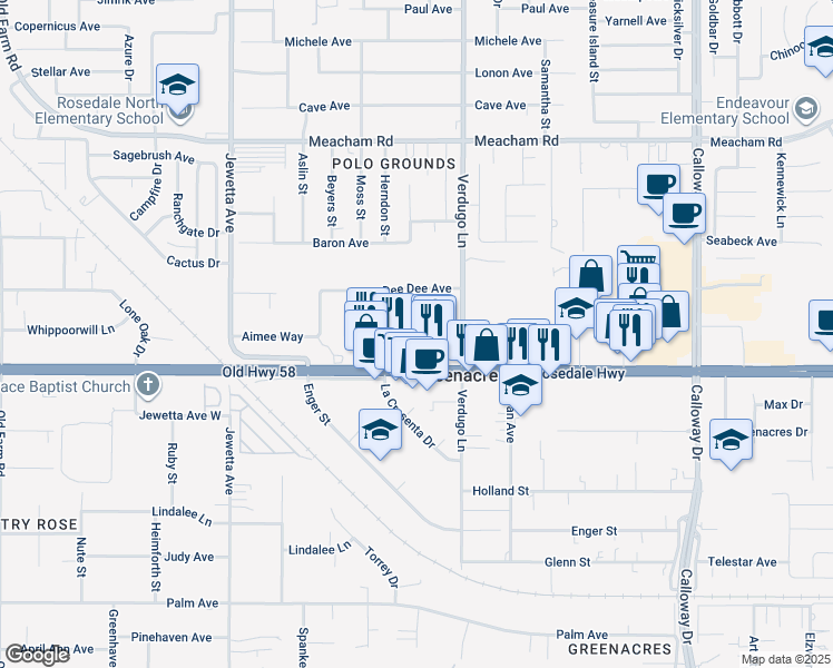 map of restaurants, bars, coffee shops, grocery stores, and more near 2707 Karla Street in Bakersfield