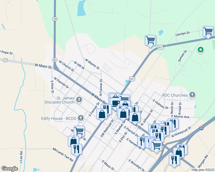 map of restaurants, bars, coffee shops, grocery stores, and more near 215 West Hill Street in Benson