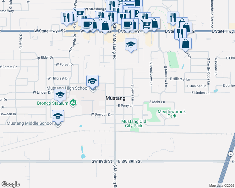 map of restaurants, bars, coffee shops, grocery stores, and more near 725 South Jones Lane in Mustang