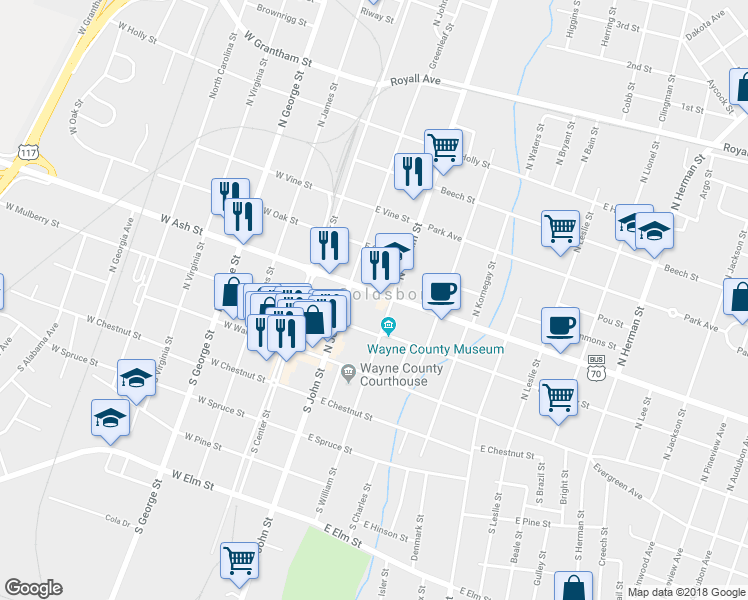 map of restaurants, bars, coffee shops, grocery stores, and more near 214 East Ash Street in Goldsboro