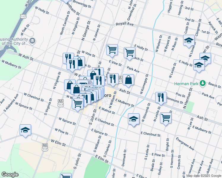map of restaurants, bars, coffee shops, grocery stores, and more near 214 East Ash Street in Goldsboro