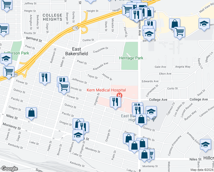 map of restaurants, bars, coffee shops, grocery stores, and more near 1919 Virginia Street in Bakersfield