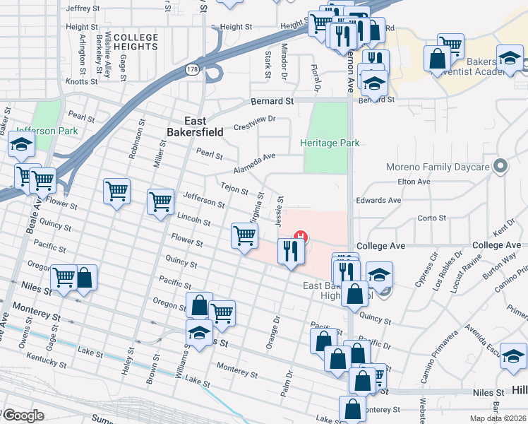 map of restaurants, bars, coffee shops, grocery stores, and more near 1919 Virginia Street in Bakersfield