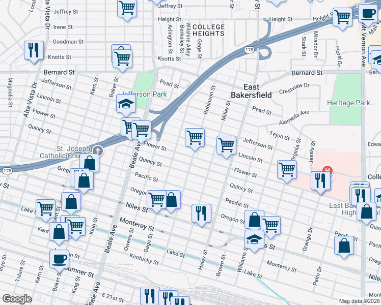 map of restaurants, bars, coffee shops, grocery stores, and more near 1201 Lincoln Street in Bakersfield