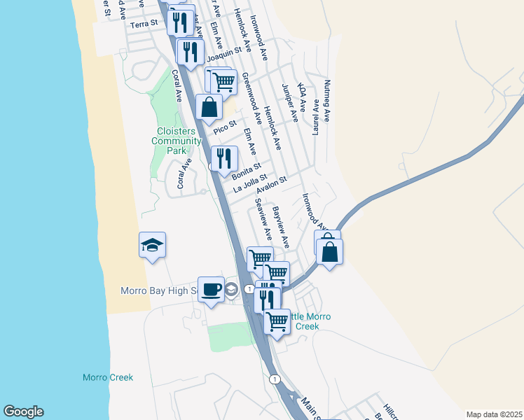 map of restaurants, bars, coffee shops, grocery stores, and more near 2170 Seaview Avenue in Morro Bay
