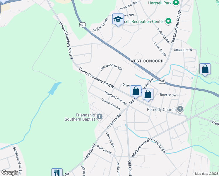 map of restaurants, bars, coffee shops, grocery stores, and more near 427 Union Cemetery Road Southwest in Concord