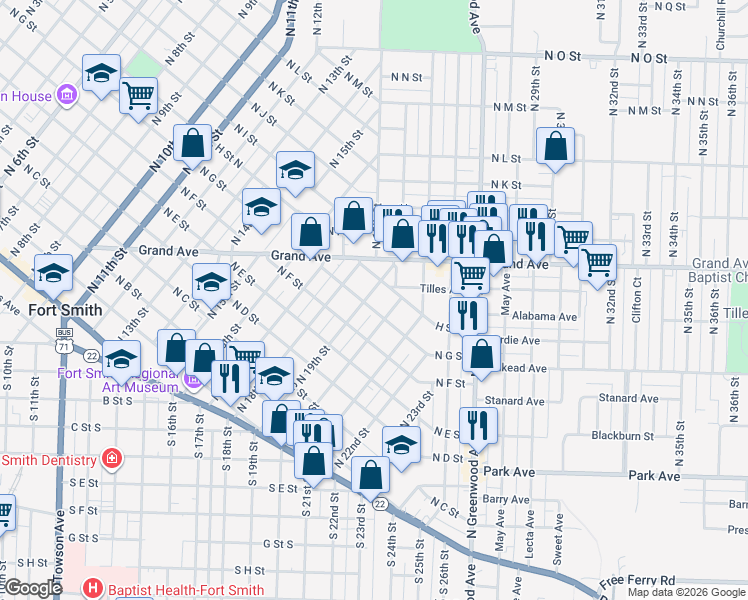 map of restaurants, bars, coffee shops, grocery stores, and more near 704 North 19th Street in Fort Smith