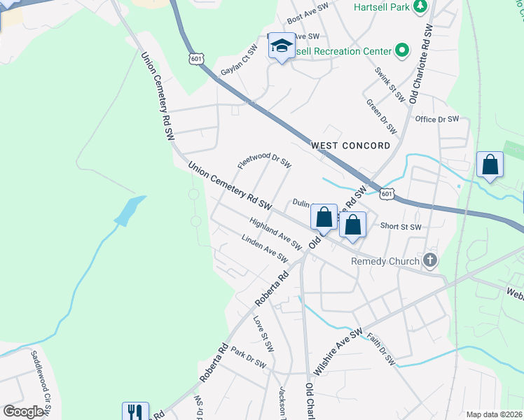 map of restaurants, bars, coffee shops, grocery stores, and more near 427 Union Cemetery Road Southwest in Concord