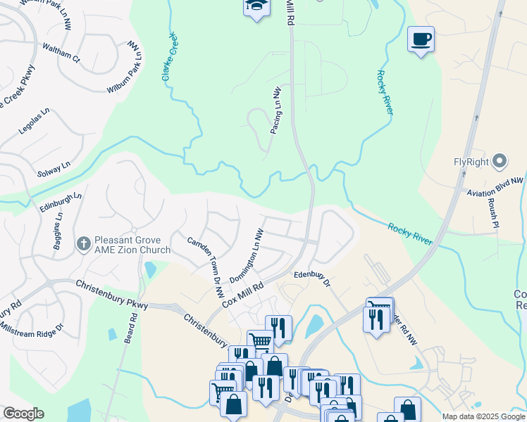 map of restaurants, bars, coffee shops, grocery stores, and more near 9586 Clarke's Meadow Drive Northwest in Concord