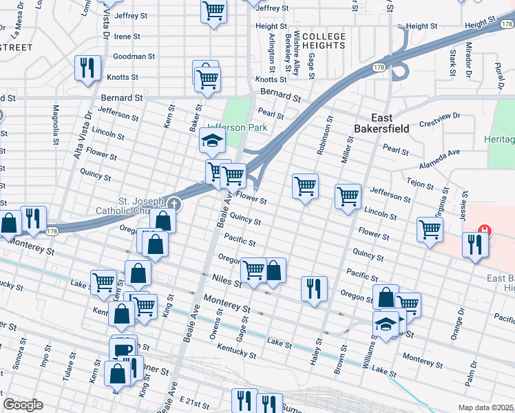 map of restaurants, bars, coffee shops, grocery stores, and more near 1011 Flower Street in Bakersfield