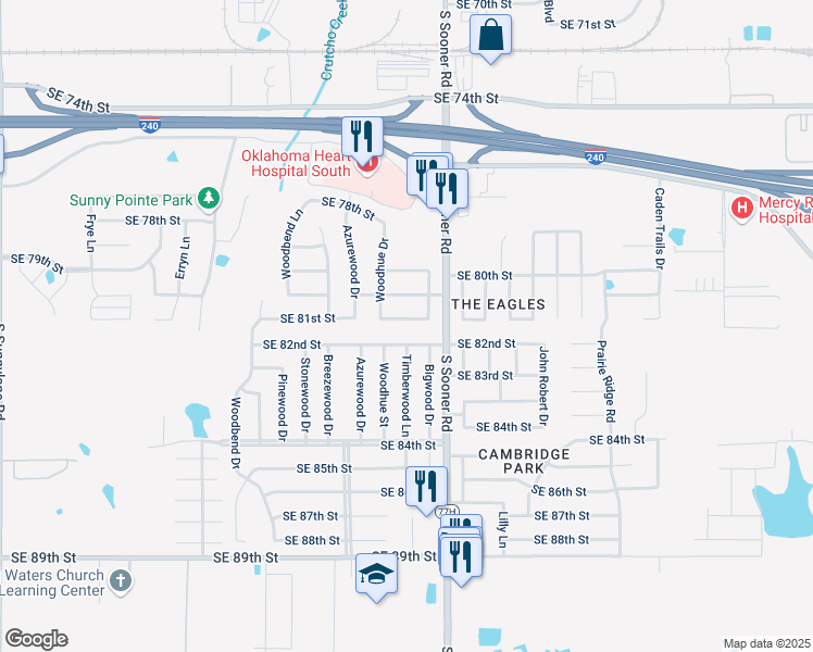 map of restaurants, bars, coffee shops, grocery stores, and more near 5424 Southeast 81st Street in Oklahoma City