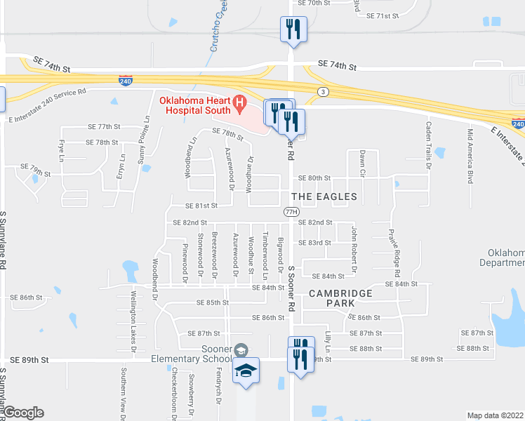 map of restaurants, bars, coffee shops, grocery stores, and more near 5420 Southeast 81st Street in Oklahoma City
