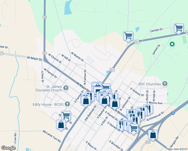 map of restaurants, bars, coffee shops, grocery stores, and more near in Benson
