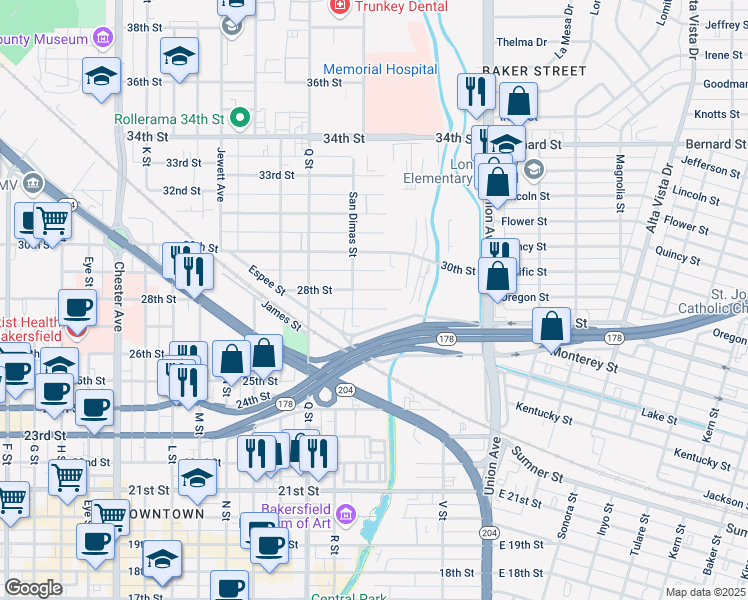 map of restaurants, bars, coffee shops, grocery stores, and more near 515 28th Street in Bakersfield