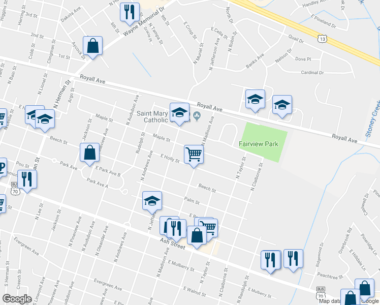 map of restaurants, bars, coffee shops, grocery stores, and more near 1612 Maple Street in Goldsboro