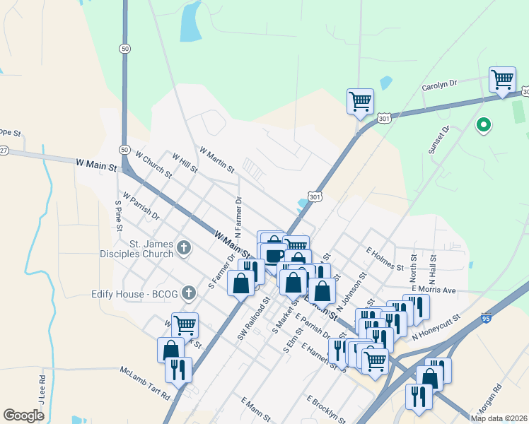 map of restaurants, bars, coffee shops, grocery stores, and more near 214 West Hill Street in Benson