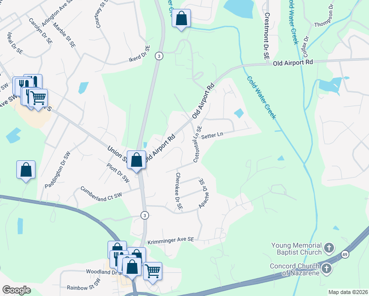 map of restaurants, bars, coffee shops, grocery stores, and more near 125 Pointer Court Southeast in Concord