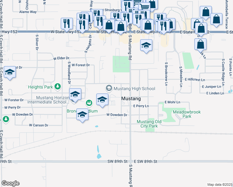 map of restaurants, bars, coffee shops, grocery stores, and more near 801 South Snyder Drive in Mustang