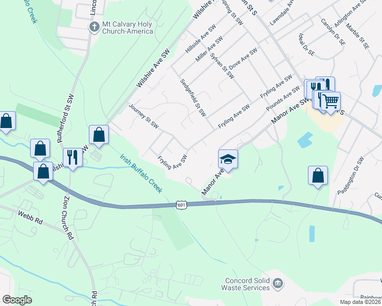 map of restaurants, bars, coffee shops, grocery stores, and more near 709 Meridian Court Southwest in Concord
