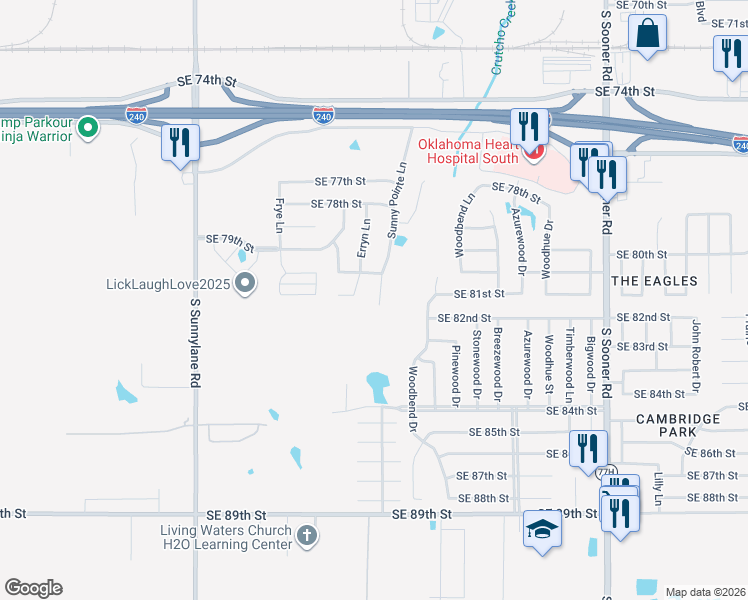 map of restaurants, bars, coffee shops, grocery stores, and more near 8116 Erryn Lane in Oklahoma City
