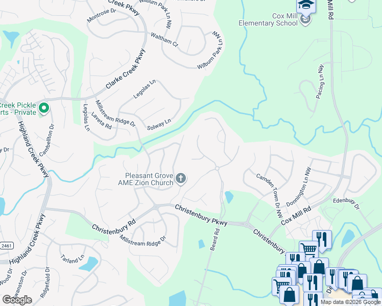 map of restaurants, bars, coffee shops, grocery stores, and more near 2489 Christenbury Hall Court Northwest in Concord