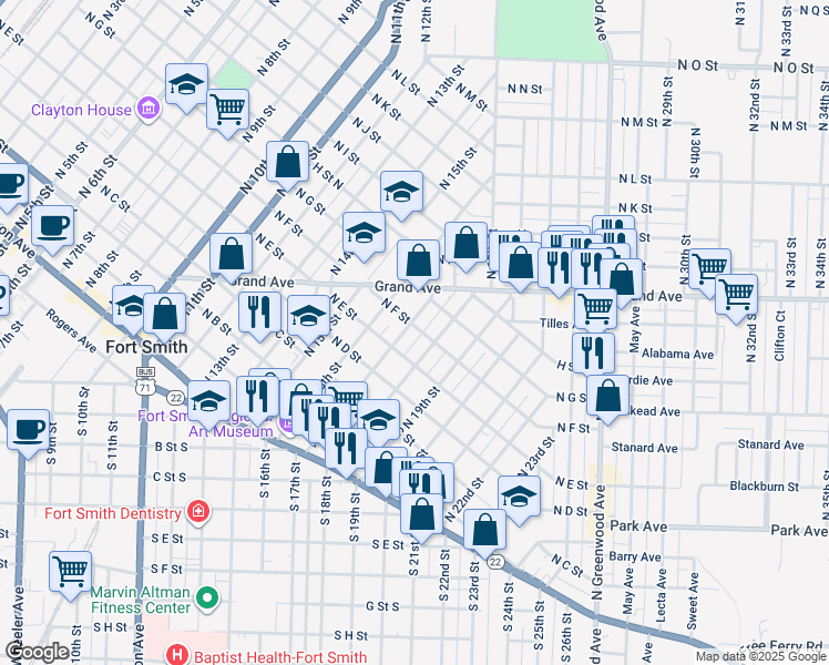map of restaurants, bars, coffee shops, grocery stores, and more near 1717 North F Street in Fort Smith