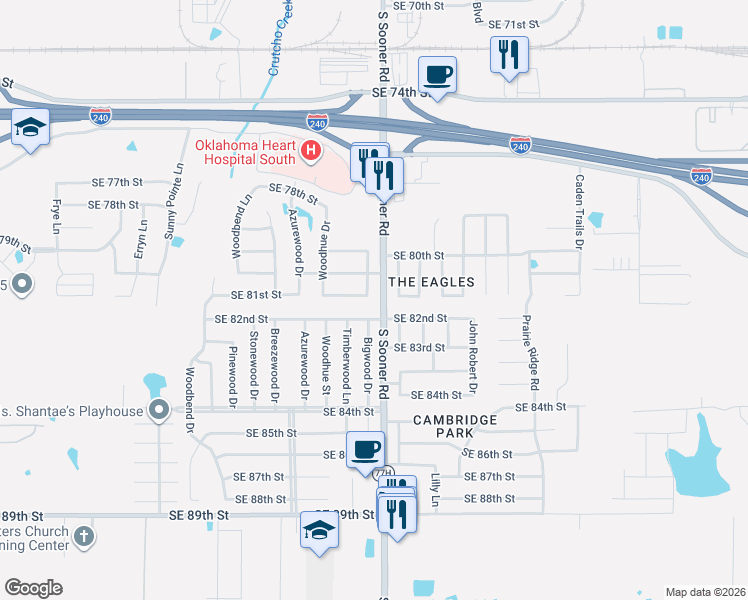 map of restaurants, bars, coffee shops, grocery stores, and more near 8133 Timothy Lane in Oklahoma City
