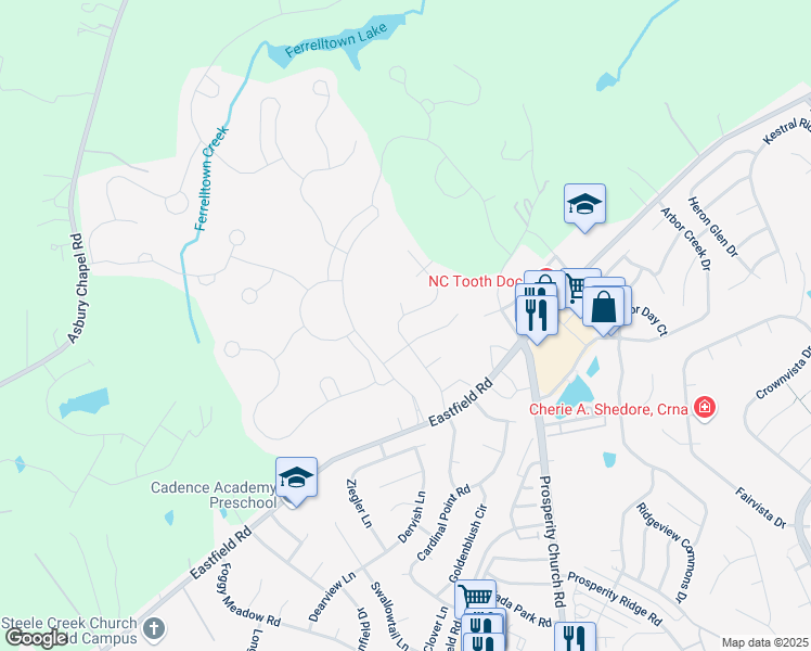 map of restaurants, bars, coffee shops, grocery stores, and more near 6938 Sweetfield Drive in Huntersville