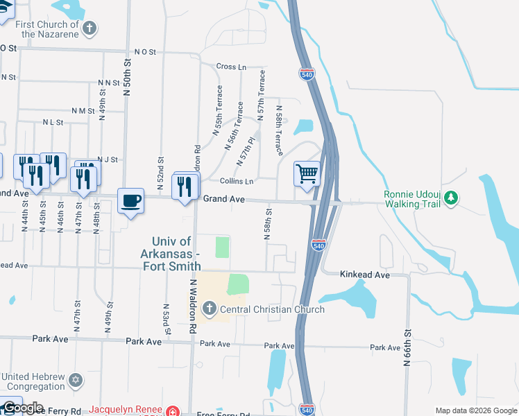 map of restaurants, bars, coffee shops, grocery stores, and more near 5702 Grand Avenue in Fort Smith