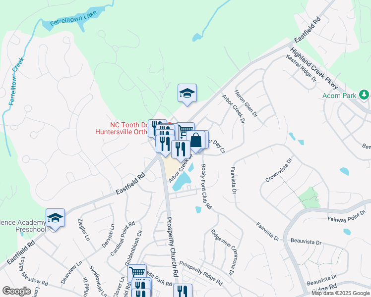 map of restaurants, bars, coffee shops, grocery stores, and more near 13108 Eastfield Road in Huntersville