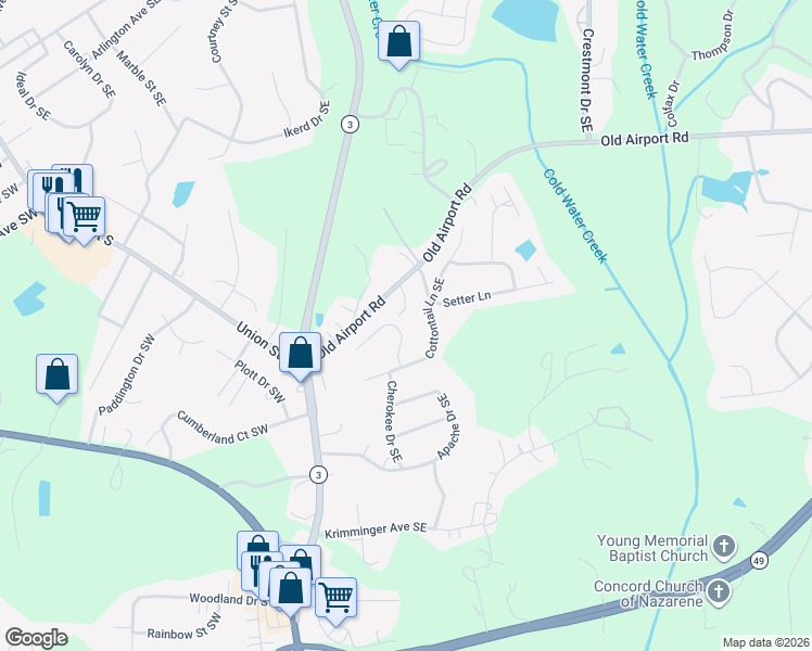 map of restaurants, bars, coffee shops, grocery stores, and more near 125 Pointer Court Southeast in Concord