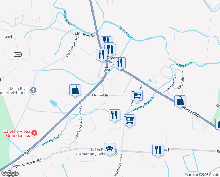 map of restaurants, bars, coffee shops, grocery stores, and more near 120 Parsonage Drive in Mills River