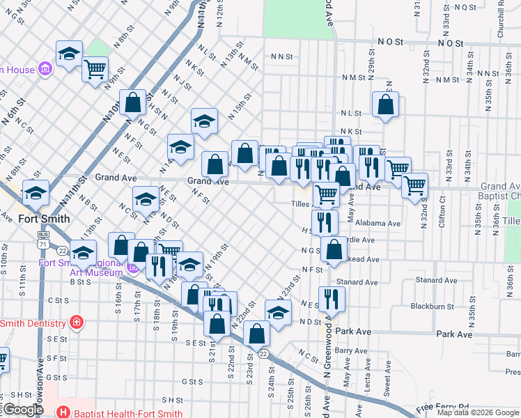 map of restaurants, bars, coffee shops, grocery stores, and more near 710 North 19th Street in Fort Smith