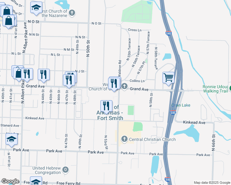 map of restaurants, bars, coffee shops, grocery stores, and more near 5210 Grand Avenue in Fort Smith