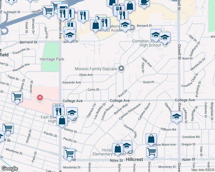 map of restaurants, bars, coffee shops, grocery stores, and more near 2608 Corto Street in Bakersfield