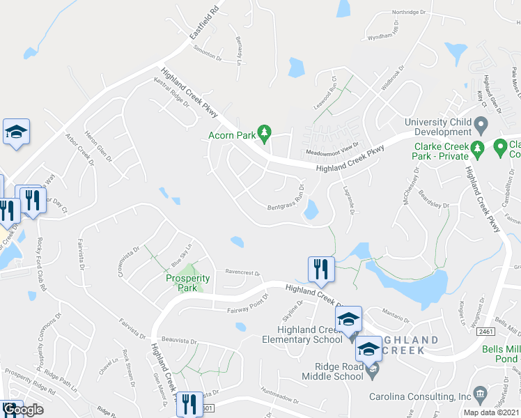 map of restaurants, bars, coffee shops, grocery stores, and more near 5130 Bentgrass Run Drive in Charlotte