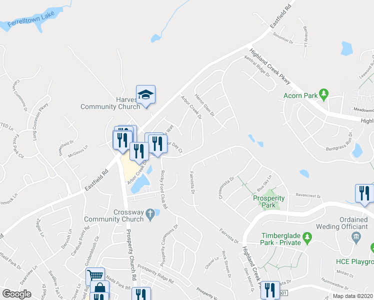 map of restaurants, bars, coffee shops, grocery stores, and more near 9005 Arbor Creek Drive in Charlotte