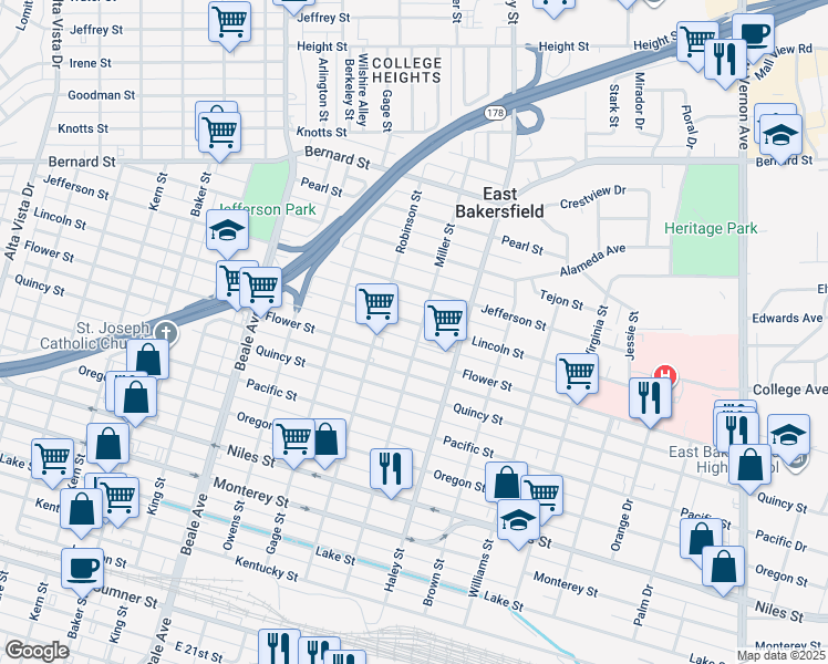map of restaurants, bars, coffee shops, grocery stores, and more near 1231 Lincoln Street in Bakersfield