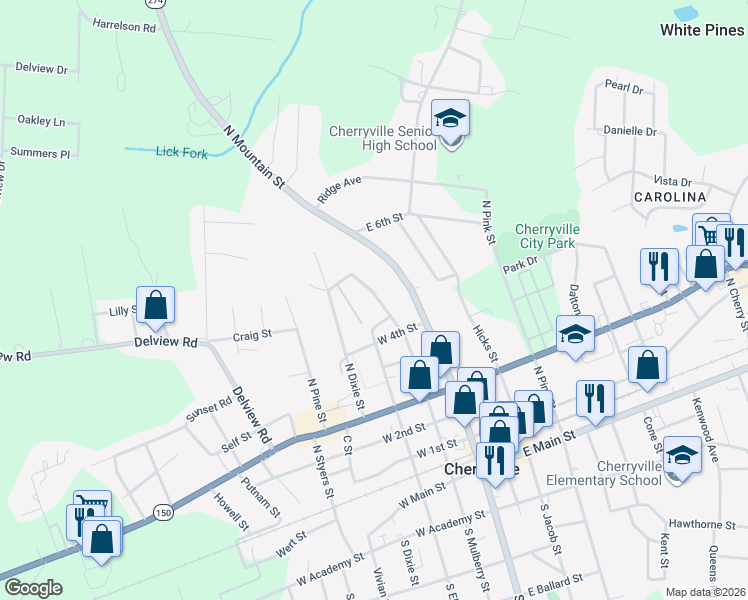 map of restaurants, bars, coffee shops, grocery stores, and more near 511 North Mulberry Street in Cherryville