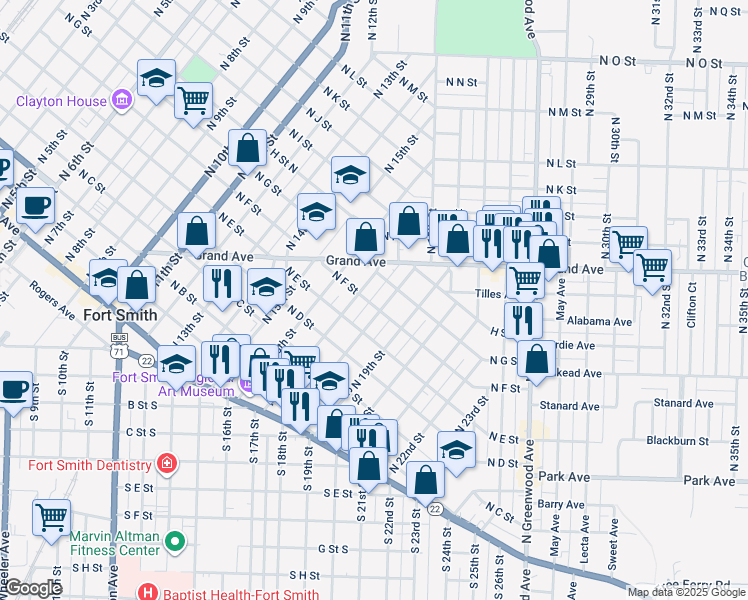 map of restaurants, bars, coffee shops, grocery stores, and more near 1717 North F Street in Fort Smith
