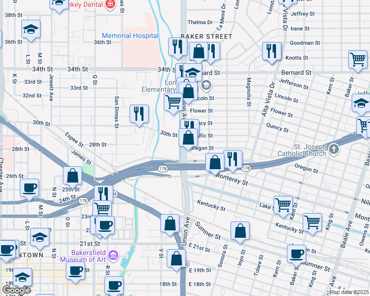 map of restaurants, bars, coffee shops, grocery stores, and more near 2 Oregon Street in Bakersfield