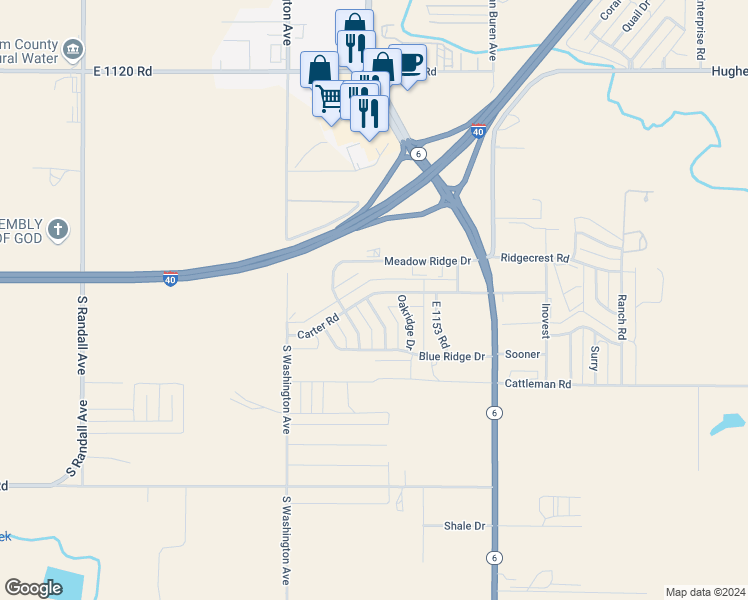 map of restaurants, bars, coffee shops, grocery stores, and more near 122 Carter Road in Elk City
