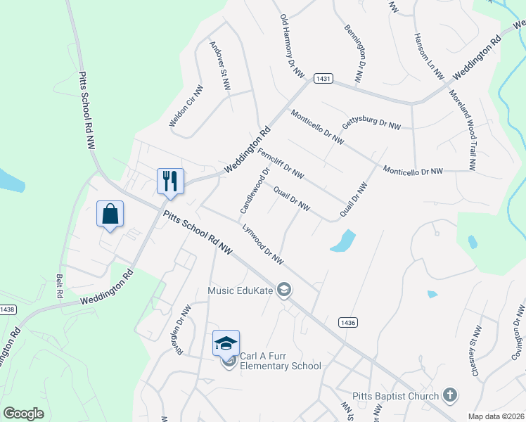 map of restaurants, bars, coffee shops, grocery stores, and more near 2118 Deepwood Place in Concord