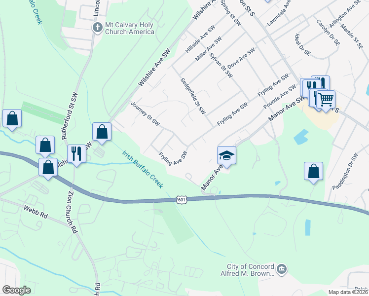 map of restaurants, bars, coffee shops, grocery stores, and more near 694 Journey Street Southwest in Concord