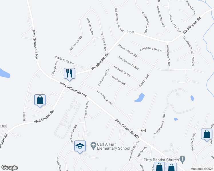 map of restaurants, bars, coffee shops, grocery stores, and more near 2118 Deepwood Place in Concord