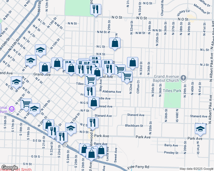 map of restaurants, bars, coffee shops, grocery stores, and more near 2820 Tilles Avenue in Fort Smith