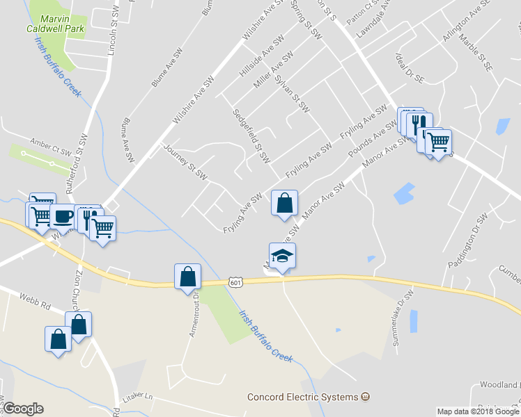 map of restaurants, bars, coffee shops, grocery stores, and more near 709 Meridian Court Southwest in Concord