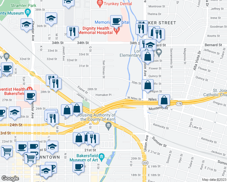 map of restaurants, bars, coffee shops, grocery stores, and more near 501 28th Street in Bakersfield