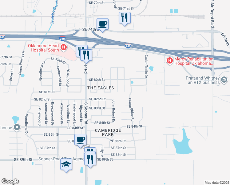 map of restaurants, bars, coffee shops, grocery stores, and more near 8129 Dawn Circle in Oklahoma City